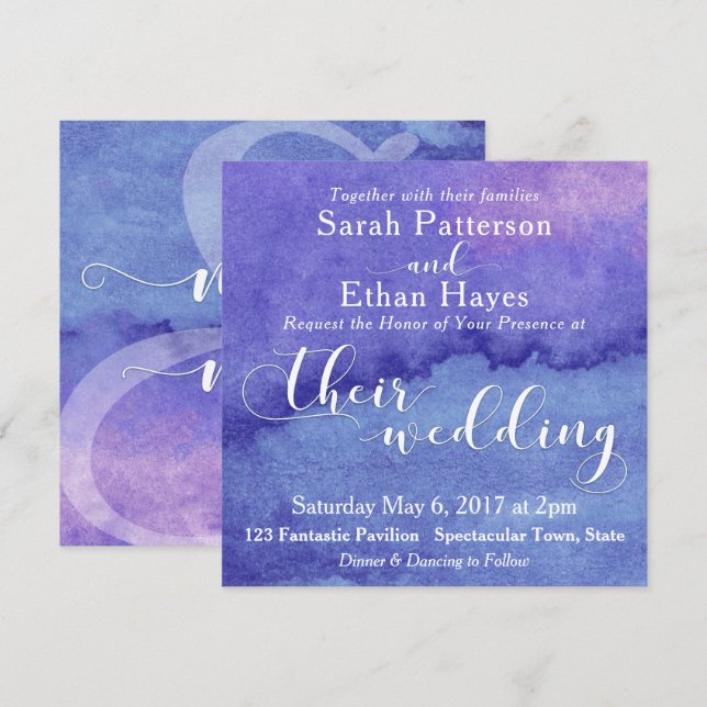 Faire-part de mariage à typographie blanche et aqu (Devant / Derrière)