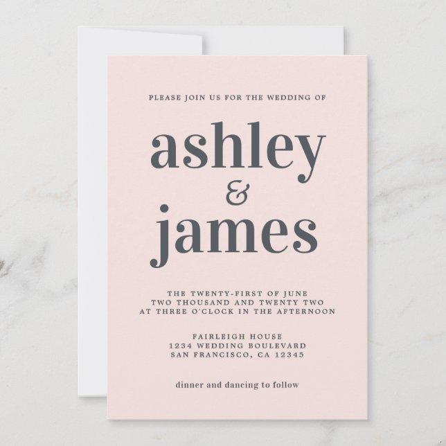 Faire-part de mariage à typographie rose tendre (Devant)