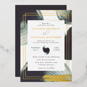 Faire-part de mariage abstrait boho or vert profon