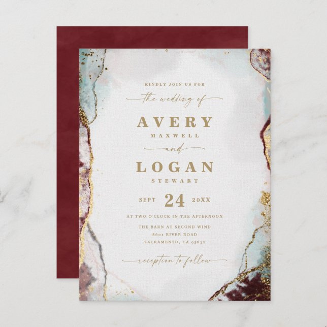 Faire-part de mariage abstrait éthéré or et vin (Devant / Derrière)