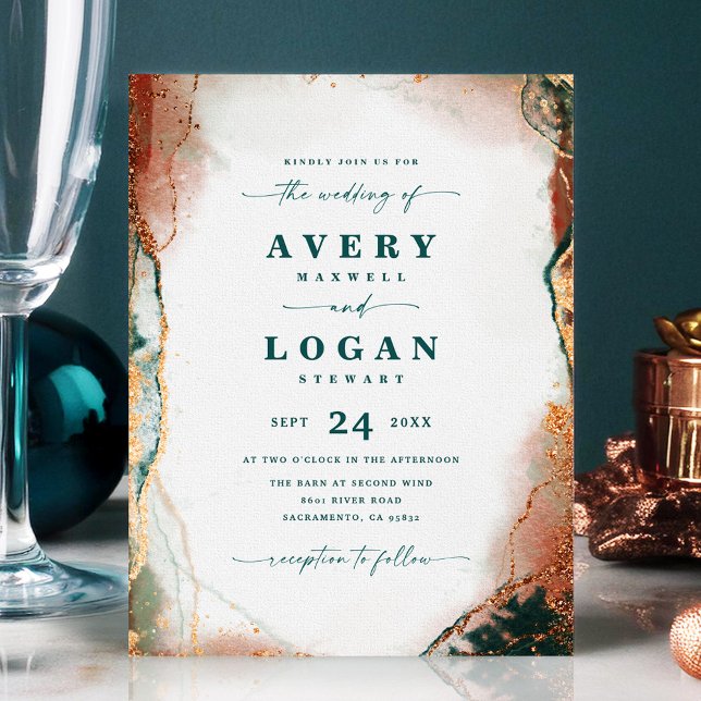 Faire-part de mariage abstrait sarcelle et cuivre  (Teal and Copper Abstract Wedding Invitation)