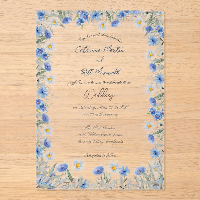 Faire-part de mariage acrylique floral bleu (Recto)