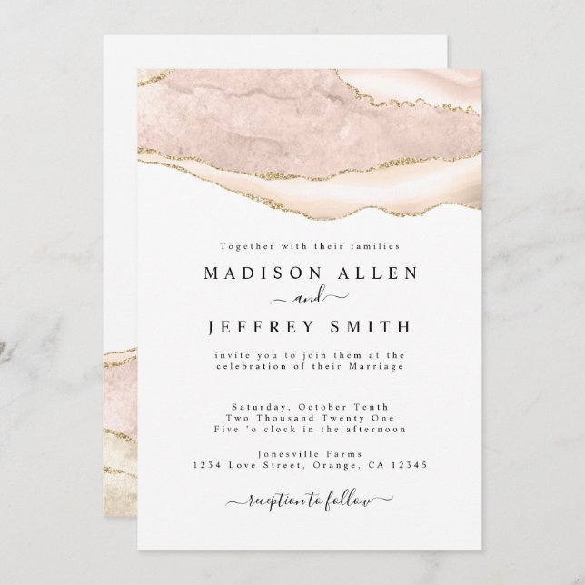 Faire-part de mariage Agate Blush & Gold Parties s (Devant / Derrière)