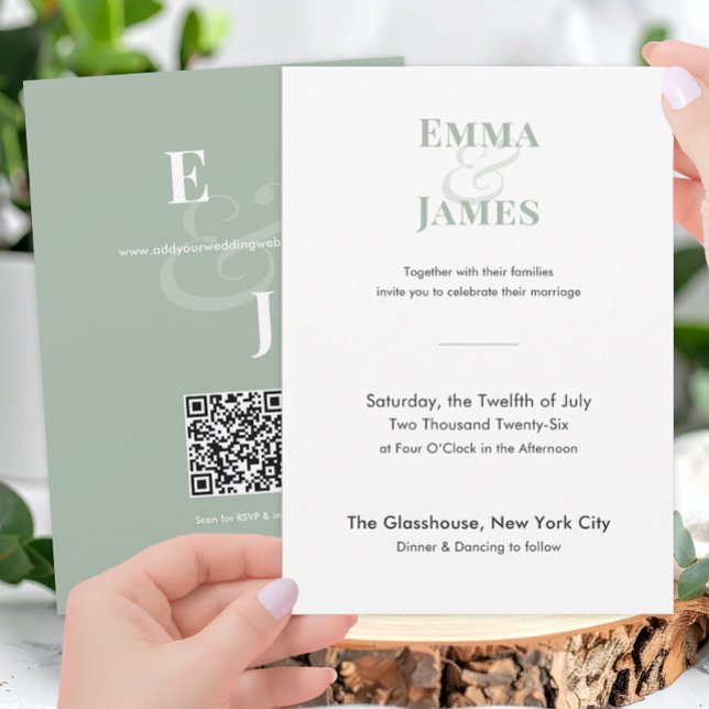 Faire-part de mariage Ampersand Two-Tone Sage | QR (Two-tone Sage Minimalist modern wedding invitation featuring elegant typography, a subtle ampersand.)