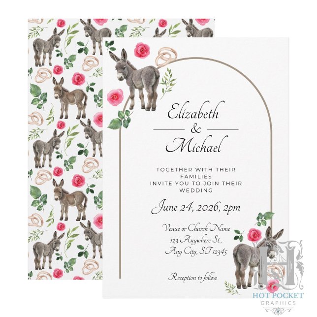 Faire-part de mariage âne rustique floral rose (Créateur téléchargé)