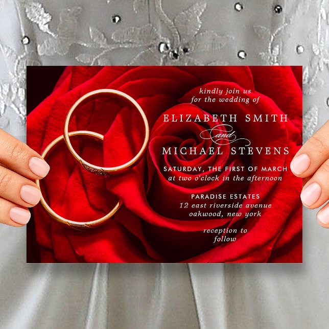 Faire-part de mariage Anneaux de mariage Rose roug (Wedding Red Rose Gold Rings Wedding Invitation)