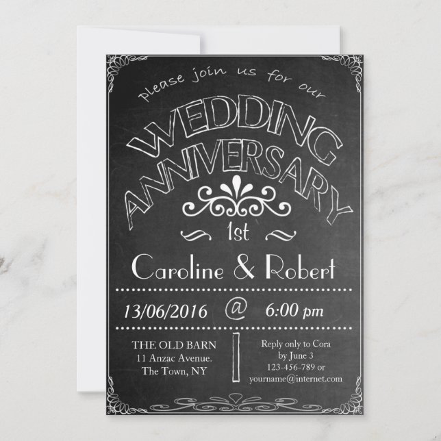 Faire-part de mariage anniversaire sur tableau noi (Devant)