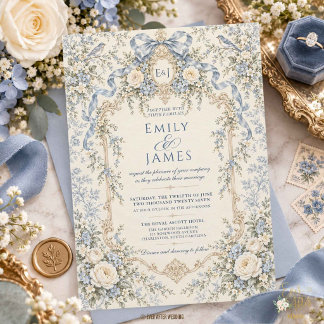 Faire-Part de Mariage Antique Bleu Français Rococo