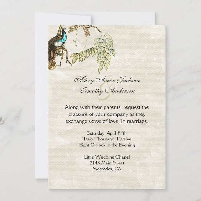Faire-part de mariage antique de paon de regard (Devant)