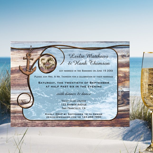 Faire-part de mariage après la cérémonie avec ancr (After wedding invitation featuring an ocean framed by rustic wood, an anchor and rope knot)