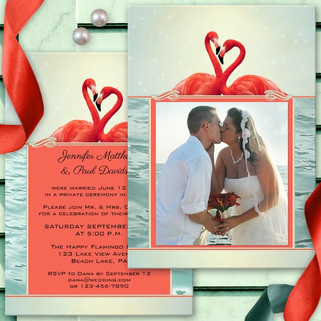 Faire-Part de Mariage Après la Cérémonie ou Flamin (Wedding photo reception only or after wedding invitation featuring two flamingos on an ocean)