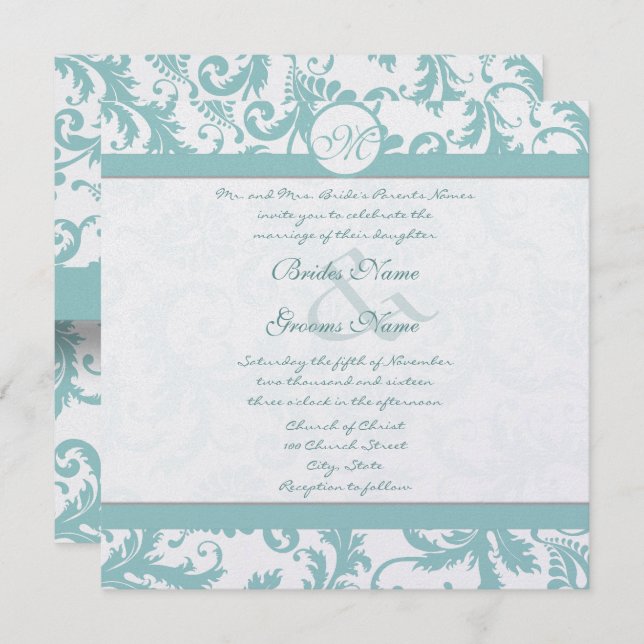 Faire-part de mariage Aqua Blue Damask (Devant / Derrière)