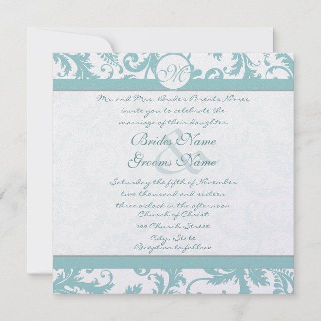 Faire-part de mariage Aqua Blue Damask (Devant)