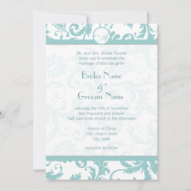 Faire-part de mariage Aqua Blue Damask (Devant)