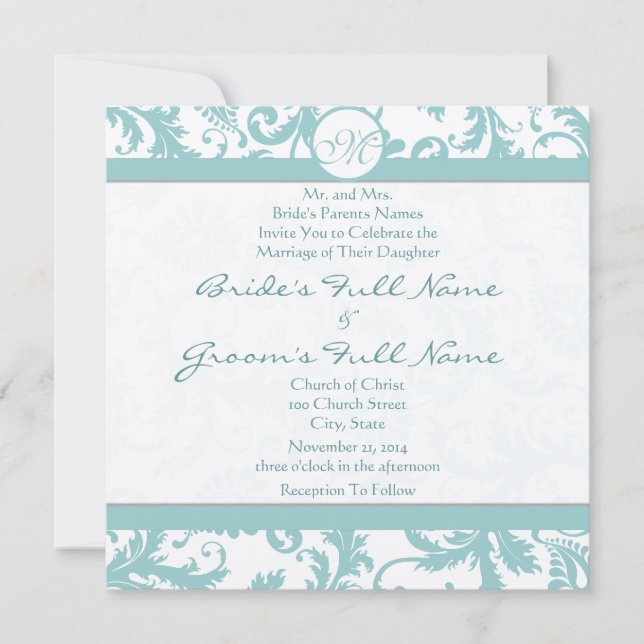 Faire-part de mariage Aqua Blue Damask (Devant)