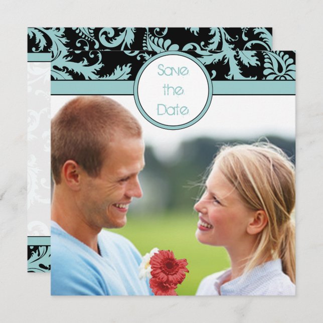 Faire-part de mariage Aqua Blue Damassé sur fond n (Devant / Derrière)