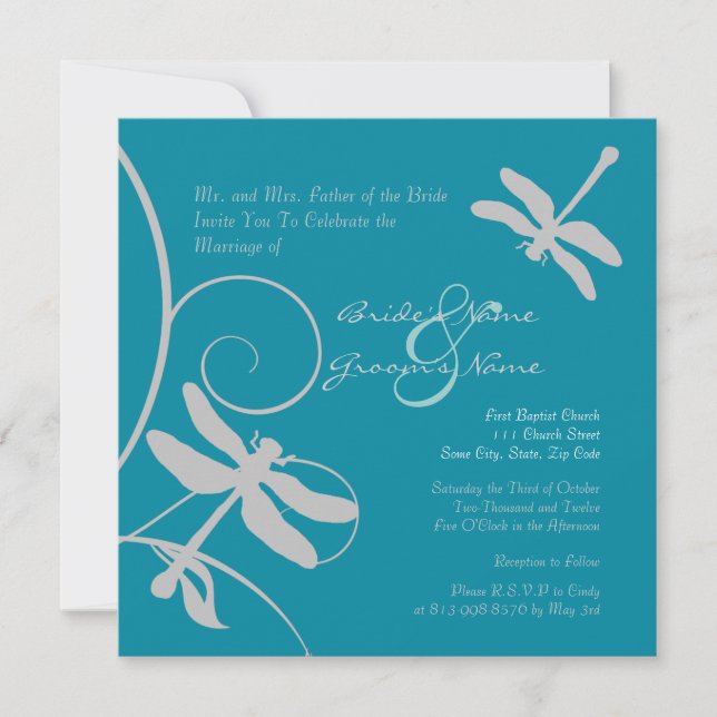 Faire-part de mariage Aqua Blue et Silver Dragonfl (Devant)