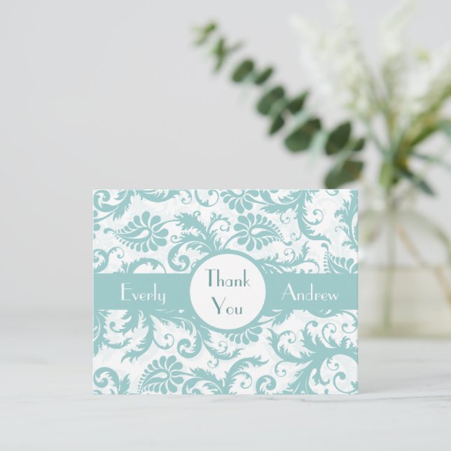 Faire-part de mariage Aqua Pool Blue Damask Swirls (Debout devant)