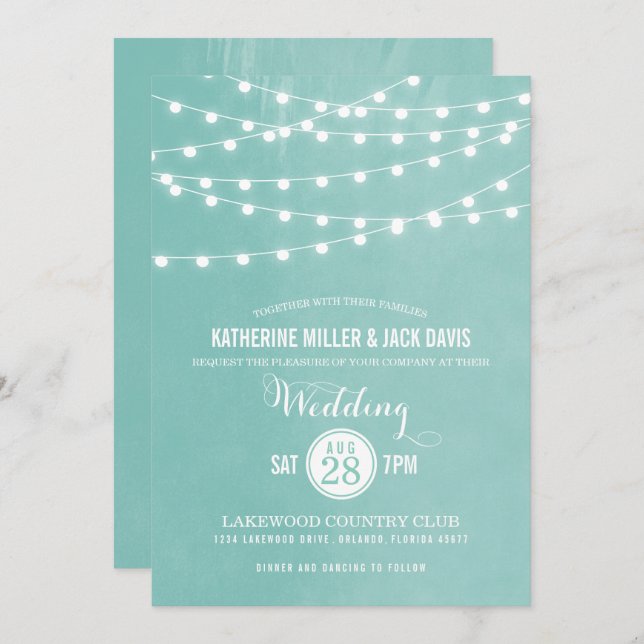 Faire-part de mariage Aqua String Lights (Devant / Derrière)
