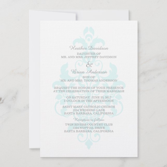 Faire-part de mariage Aqua Subtle Damask (Devant)