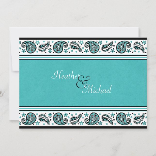 Faire-part de mariage Aqua, White et Black Paisley (Devant)