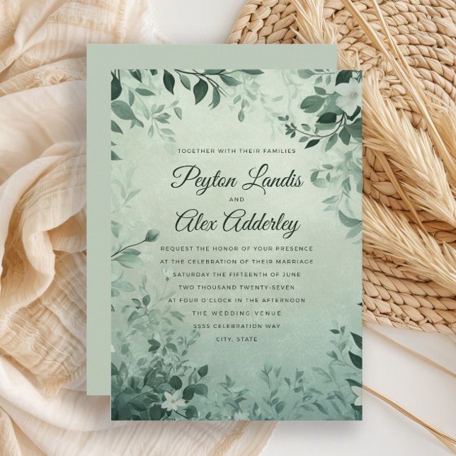 Faire-part de mariage aquarelle aux feuilles botan (Sage green leaves botanical wedding invitation)