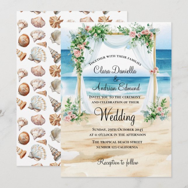 Faire-part de mariage aquarelle de plage  (Devant / Derrière)