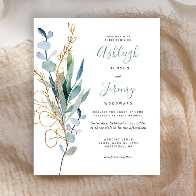 Faire-part de mariage aquarelle dorée à motif euca (Créateur téléchargé)