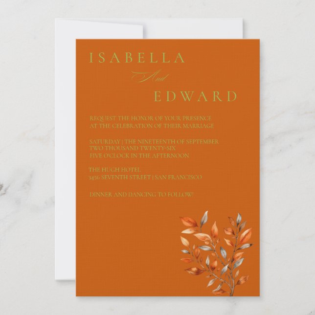 Faire-Part de Mariage Aquarelle Feuilles Orange Br (Devant)