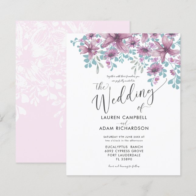 Faire-part de mariage aquarelle fleurs roses budge (Devant / Derrière)