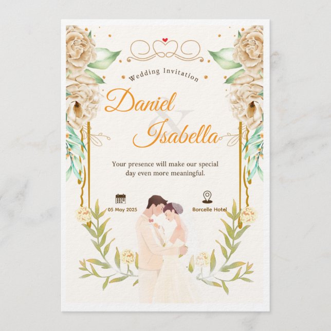 Faire-part de mariage aquarelle floral vert beige (Devant)