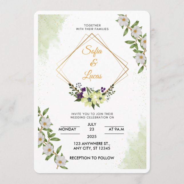 Faire-part de mariage aquarelle florale blanche et (Devant)