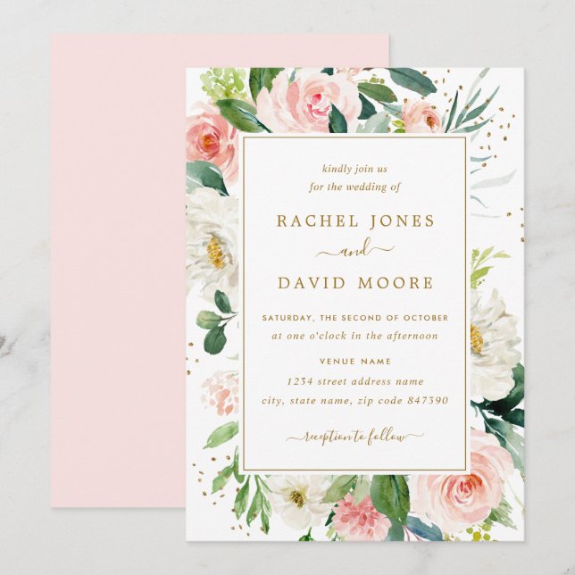 Faire-part de mariage aquarelle florale or rose bl (Devant / Derrière)