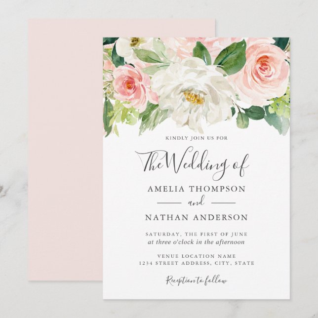 Faire-part de mariage aquarelle florale rose pâle (Devant / Derrière)
