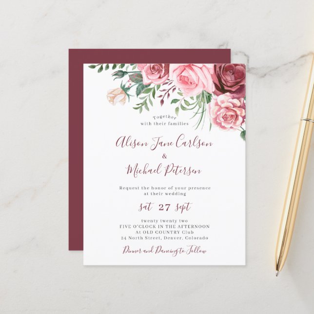 Faire-part de mariage aquarelle florale rustique à (Devant/Arrière en situation)
