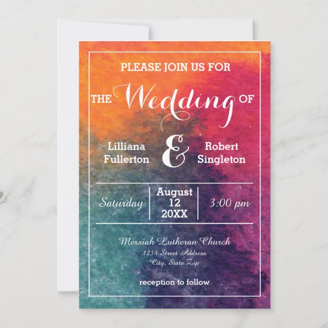 Faire-part de mariage - Aquarelle orange bleu rose (Devant)