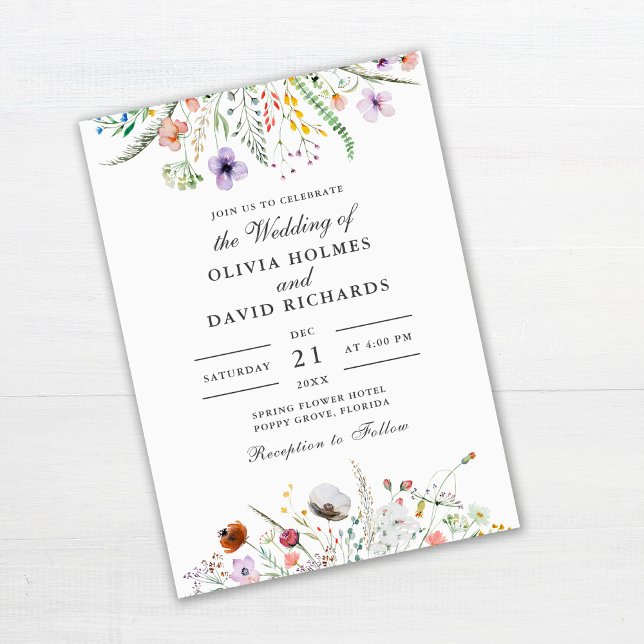 Faire-part de mariage aquarelle Prairie de fleurs  (Wildflower Meadow Wedding Invitation on off-white background)