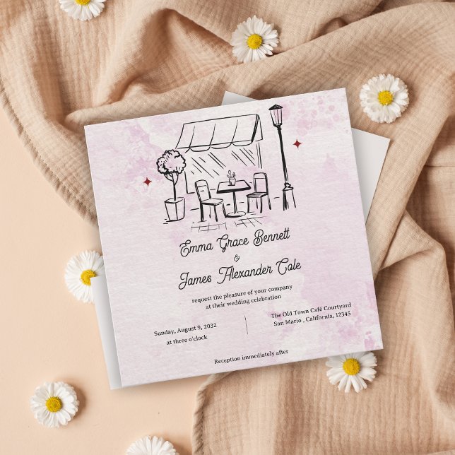Faire-part de mariage aquarelle rose Café Illustra (Blush Watercolor Café Illustration Wedding Invite)