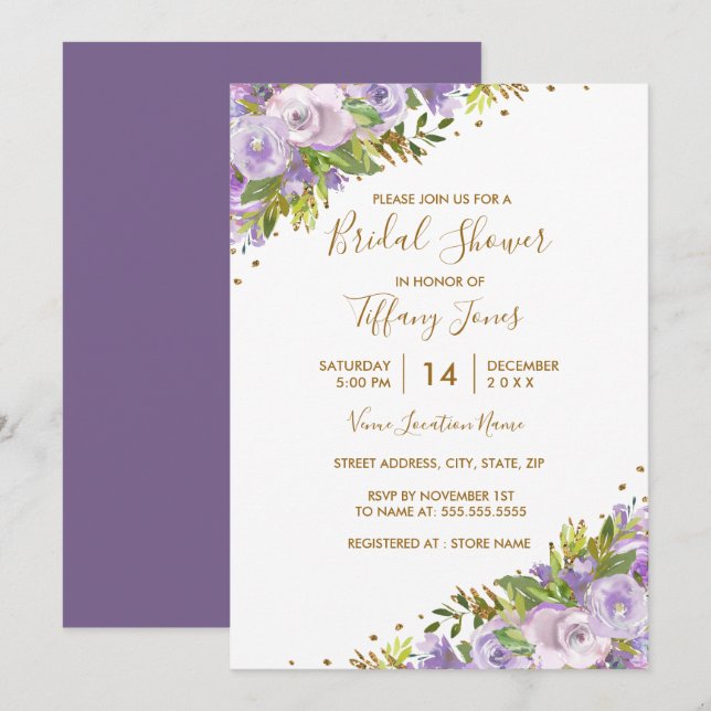 Faire-part de mariage aquarelle violette florale d (Devant / Derrière)