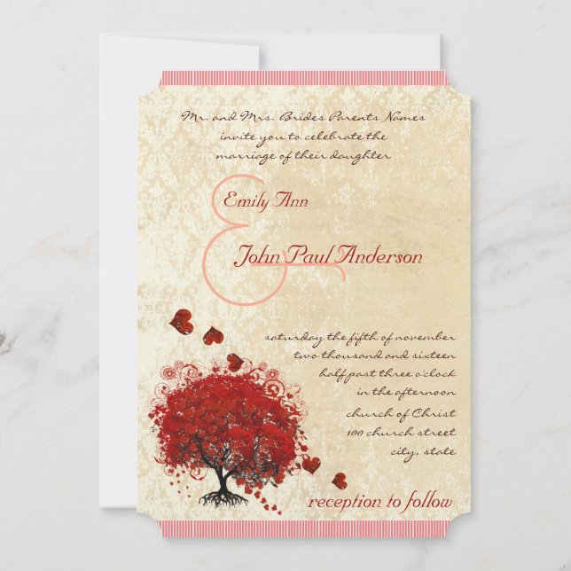 Faire-part de mariage Arbre à cœur rouge qui tombe (Dos)