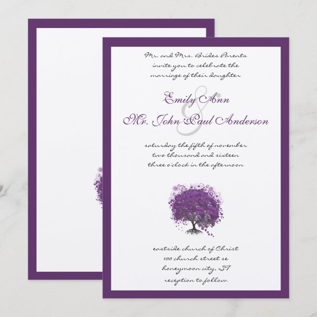 Faire-part de mariage Arbre à feuilles Cœur Pourpr (Devant / Derrière)