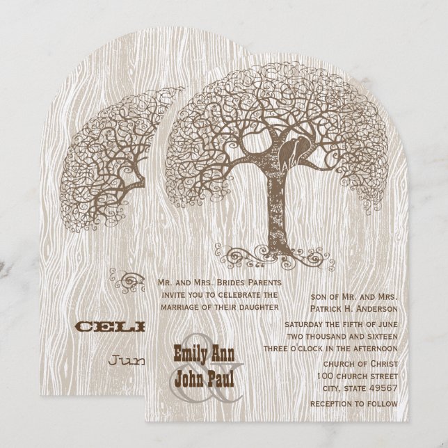 Faire-Part de Mariage Arbre Brun Amour Oiseau Bois (Devant / Derrière)