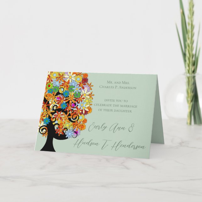 Faire-part de mariage - Arbre d'amour à fleurs mul (Devant)