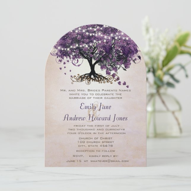 Faire-part de mariage arbre feuille coeur violet p (Debout devant)