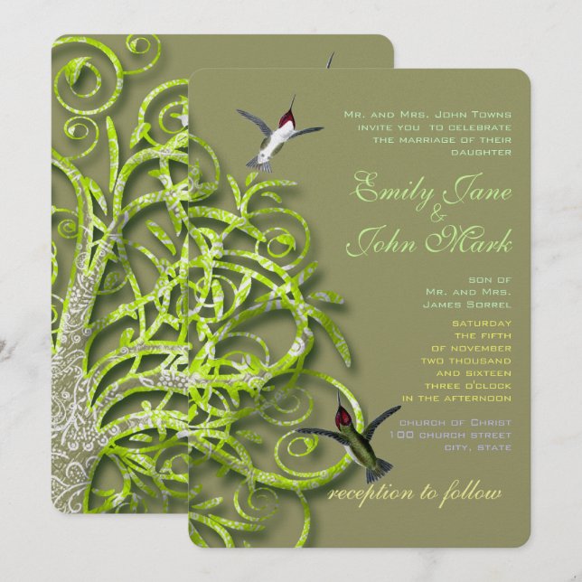 Faire-part de mariage Arbre Lime Doré Colibris (Devant / Derrière)