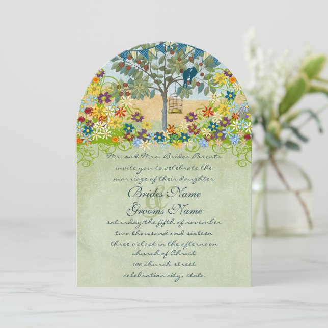 Faire-part de mariage arbre oiseaux d'amour rustiq (Debout devant)