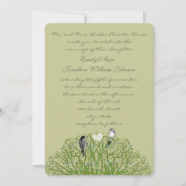 Faire-part de mariage Arbre Tourbillon Vert Oiseau (Devant)