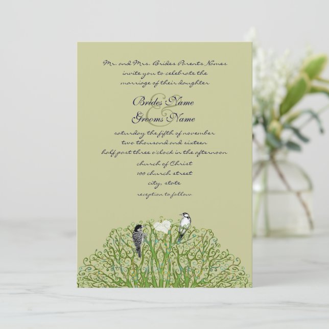 Faire-part de mariage Arbre Tourbillon Vert Oiseau (Debout devant)