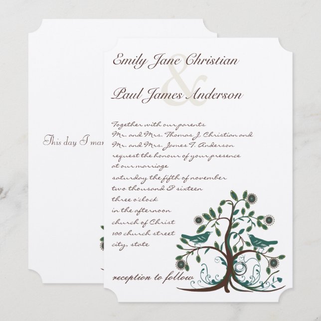 Faire-part de mariage Arbre Turquoise et Marron Oi (Devant / Derrière)