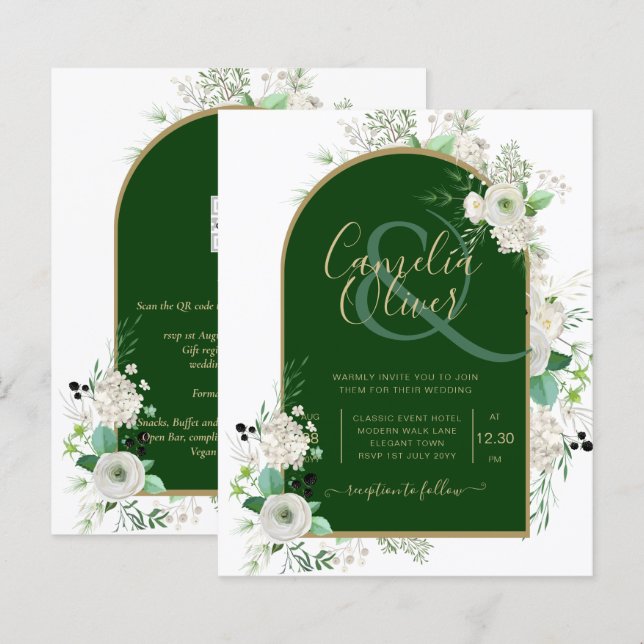Faire-part de mariage Arc vert émeraude Roses blan (Devant / Derrière)